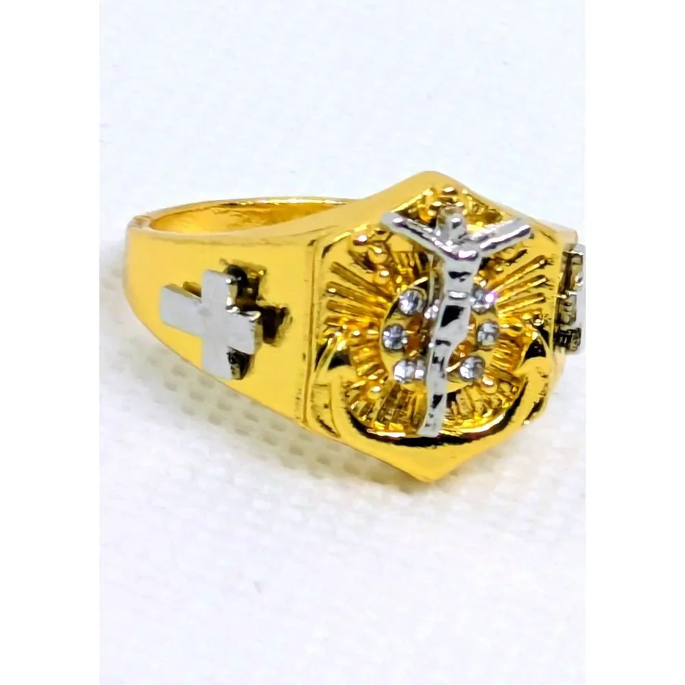 Men's NEW size 10 Jesus Cross CZ Gold & Silver 2 Tone Christian/Cross Ring
